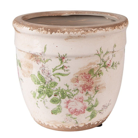 Pot De Fleurs Céramique 15x14 Beige Fleurs Roses - La Quincaillerie Remoise