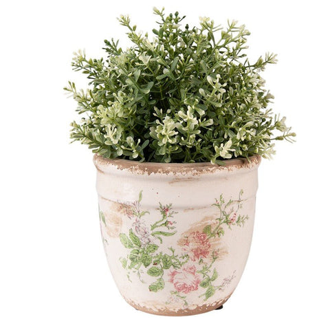 Pot De Fleurs Céramique 15x14 Beige Fleurs Roses - La Quincaillerie Remoise