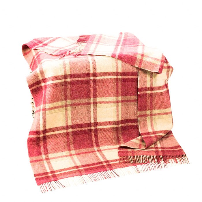 Plaid En Laine Naturelle A Carreaux Rose et Ecru - La Quincaillerie Remoise